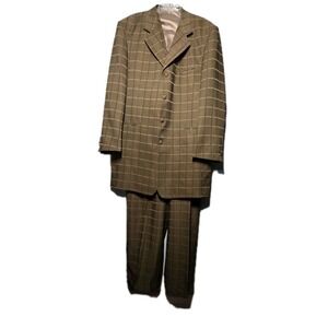 Falcone Three-Piece Suit Vest Jacket (46L) Pants (40L) Brown Plaid